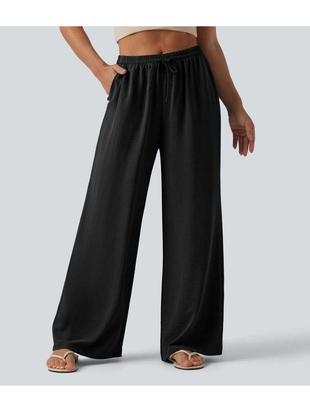Halara Mid Rise Drawstring Wide Leg Baggy Casual Linen-Feel Pants Black Size M - Picture 1 of 8